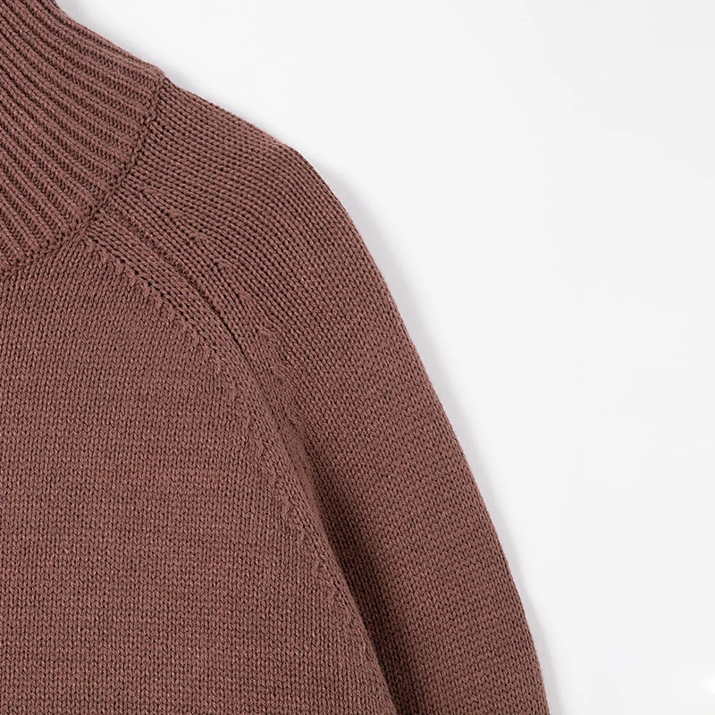 brown half-zip mock neck knit sweater